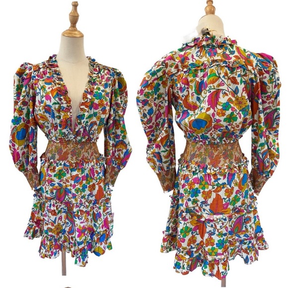 House Of Harlow V-neck Puff Sleeve Smocked Tiered Colorful Ruffle Paisley Floral - Picture 6 of 8